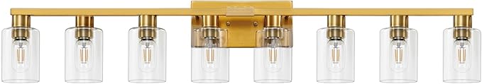 8 Light Bathroom Vanity Light Gold Bathroom Light Fixtures Brass Vanity Lights for Bathrrom 46 in Large Wall Sconce Brush Gold with Clear Glass Shade for Living Room