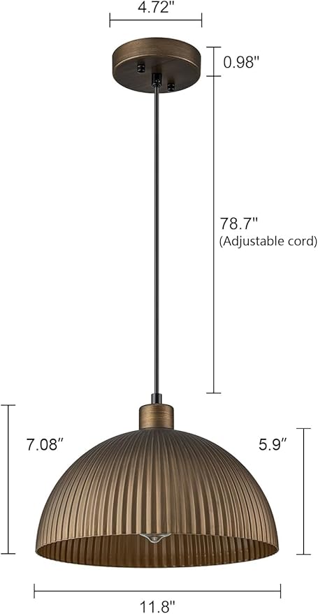 Lingkai Vintage Antique Brass Dome Pendant Light, 11.8'' Pendant Lights Kitchen Island, Hanging Ceiling Light Striped Metal Shade