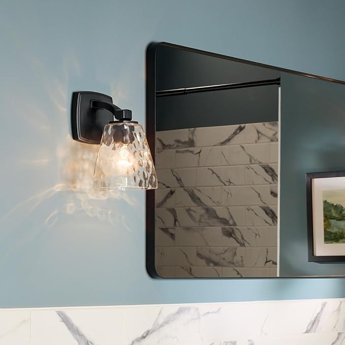 Kichler Marant 5" 1-Light Wall Sconce Bathroom Light Fixture with Clear Water Glass in Black, Modern Vanity Light for Bathroom, Powder Room, Hallway (5" W x 9.5" H), 55214BKWTR