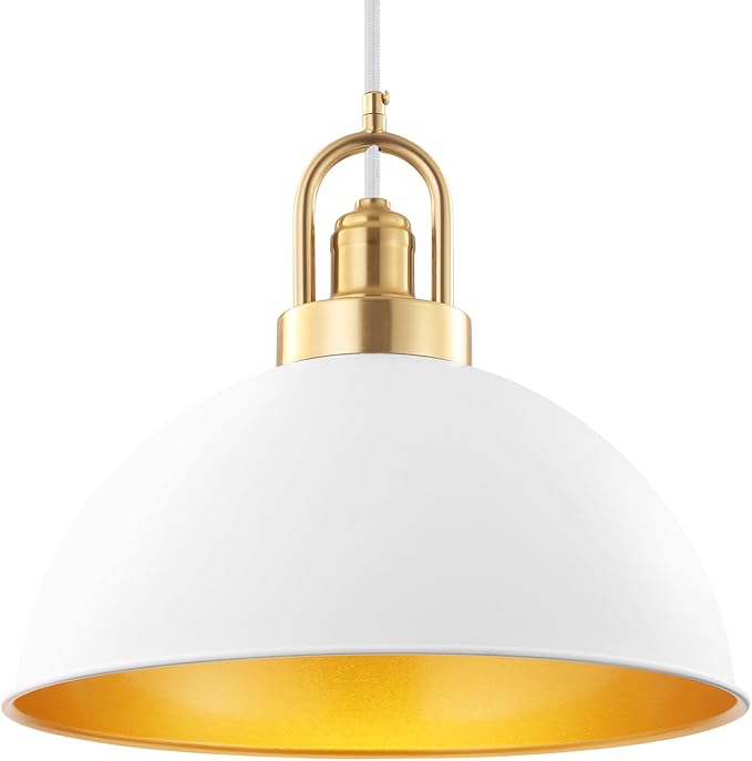 Modern Large Pendant Light 13.8 inch, White Dome Metal Shade with Brass Accent, Minimalist Chandelier for Kitchen Island, Dining Room