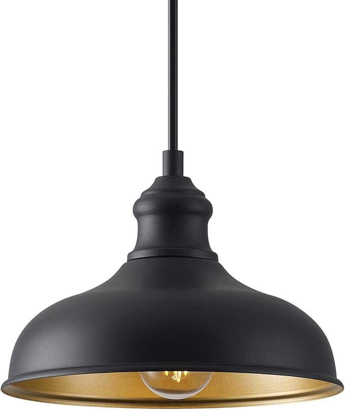 10in Dome Outdoor Pendant Barn Lights Black Kitchen Island Pendant Lamp with Brass Interior, Hallway Porch Ceiling Hanging Lights, Farmhouse Style Indoor Pendant Fixture for Home, Ajustable
