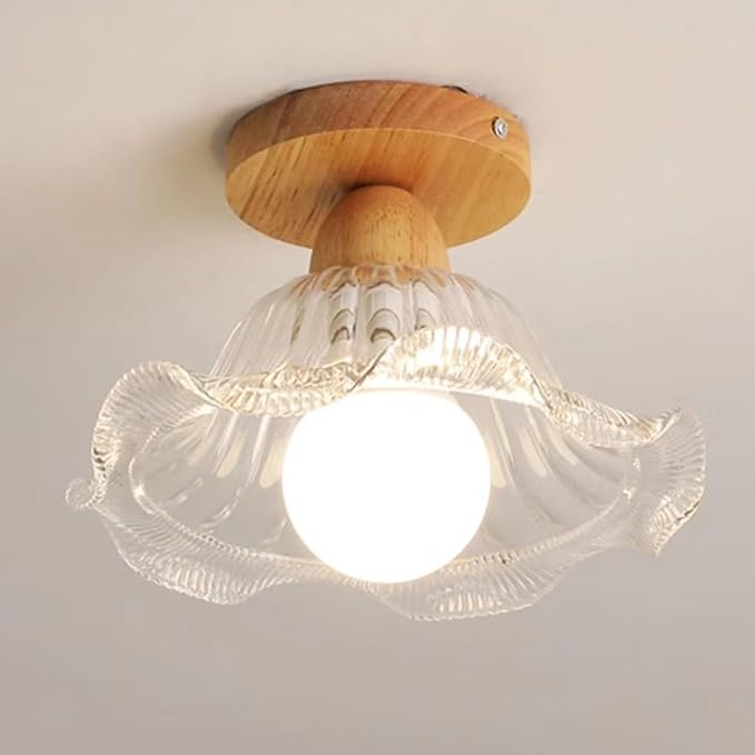 Schoolhouse Light Fixture Wood Ceiling Lamp, Semi Flush Mount Ceiling Light, 12'' Base, Balcony Solid Wood Hanging Light Farmhouse Bedroom Kitchen Hallway Glass Close to Ceiling Lights (D)