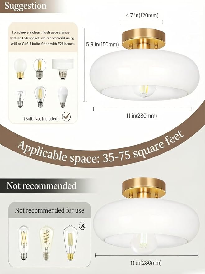 Gold Semi Flush Mount Ceiling Light,11inch Mid Century Modern Light Fixture,Hallway Lighting Fixture with Milk White Glass Shade,Vintage Ceiling Lamp for Kitchen,Porch,Entryway,Closet,Bedroom