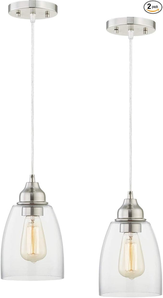 WISBEAM Brushed Nickel Pendant Lighting Fixture, Kitchen Island Hanging Lights with E26 Medium Base Max. 60 Watts, ETL Rated, Bulbs not Included, 2-Pack