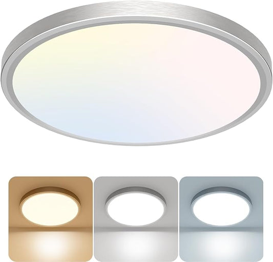 libtit 12 inch Flush Mount LED Ceiling Light Fixture, 3000K 4000K 6500K Adjustable, 28W 3200lm Brushed Nickel Satin Round Lighting Fixtures for Bathroom Shower Hallway Kitchen