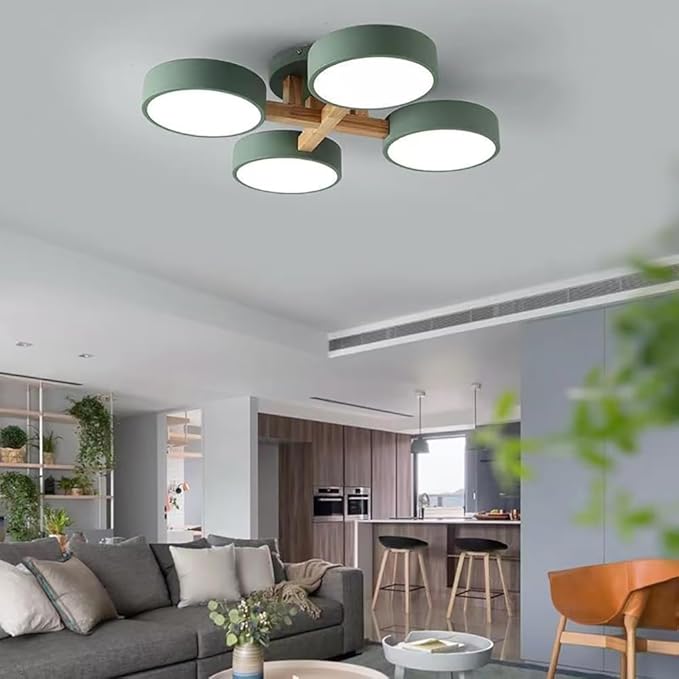 LED Ceiling Light Fixture,24 Inch 4-Lights Modern Ceiling Lights Flush Mount Wooden 44W Chandelier for Living Room Bedroom Kitchen,Dimmable 3000K/4000K/6000K Temperatures Selectable, Green