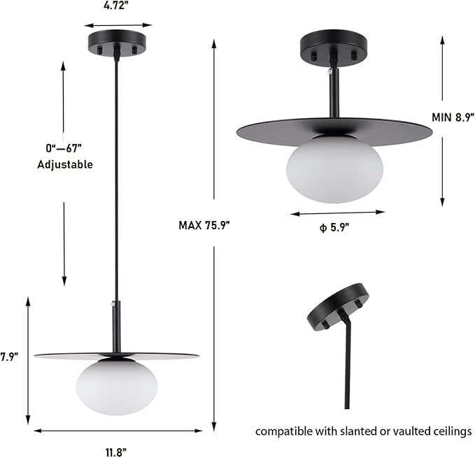 BYOLIIMA Modern Globe Pendant Lighting Milky White Glass Shade Matte Black Farmhouse Pendant Light 11.81" Dome Industrial Mid Century Hanging Ceiling Light Fixture Kitchen Island Dinning Room Bedroom