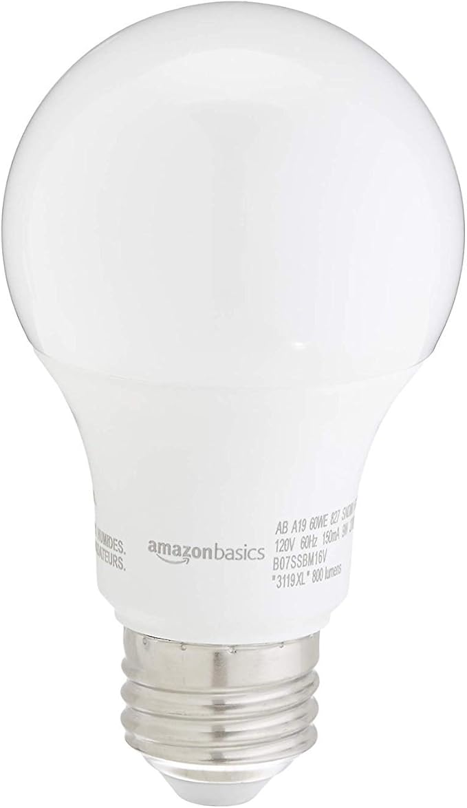 Amazon Basics A19 LED Light Bulbs, 60W Equivalent, Soft White 2700K, Non-Dimmable, Energy Efficient 9W, E26 Standard Base, 10,000 Hour Lifetime, 24-Pack