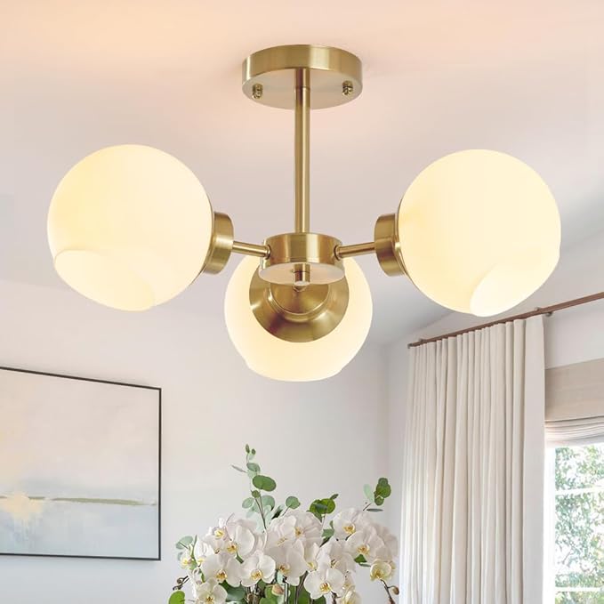Gold Sputnik Semi Flush Mount Ceiling Light 3 Light Frosted Globe Glass Chandeliers Mid Century Close to Ceiling Light Fixture for Bedroom Living Room Entryway Hallway