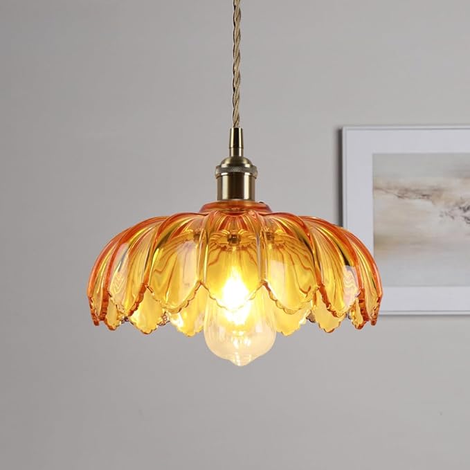 Plug in Pendant Light with Amber Glass Lamp Shade Brass Vintage Hanging Light Fixture Adjustable Chandelier for Kitchen Island Dining Room Bedroom Living Room Hallway