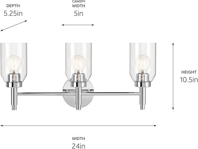 Kichler Madden 3-Light Bathroom Vanity Light Fixture with Clear Glass in Chrome, Modern Soft Design for Single Vanity Over Mirror, E26 Medium Base (10.5" x 24"), 55185CH