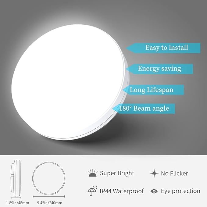 Airand LED Flush Mount Ceiling Light 5000K Daylight LED Ceiling Light Fixture 9.5 Inch 18W 1650LM Bathroom Ceiling Light Waterproof Round LED Ceiling Lamp for Kitchen, Bedroom, Hallway, Living Room