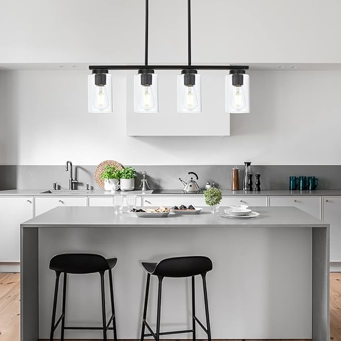 TODOLUZ Black Pendant Light Fixtures with Clear Glass Shades, 4-Lights Linar Kitchen Island Light for Farmhouse Dining Room Kitchen Pool Table