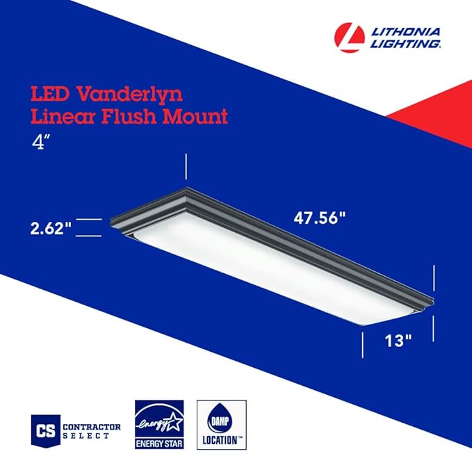 Lithonia Lighting Vanderlyn 4 Foot LED Kitchen Light Fixture, Linear Flush Mount Ceiling Light Fixture, 4000K Cool White, 3700 Lumens, 120 Volts, 35 Watts, Damp Listed, Bronze (FMFL 30840 VANL BZ)