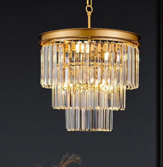 15.8" Gold Crystal Chandelier 6-Lights Crystal Round Pendant Lights 3-Tier Luxury Hanging Ceiling Light Fixture for Hallway Dining Room Living Room Bedroom Kitchen Island Stairway Entryway