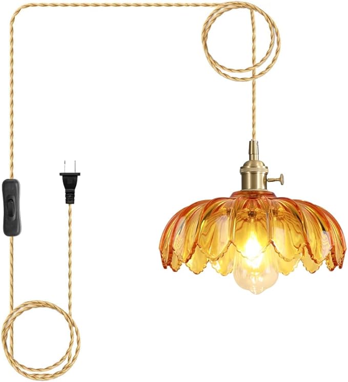 Plug in Pendant Light with Amber Glass Lamp Shade Brass Vintage Hanging Light Fixture Adjustable Chandelier for Kitchen Island Dining Room Bedroom Living Room Hallway
