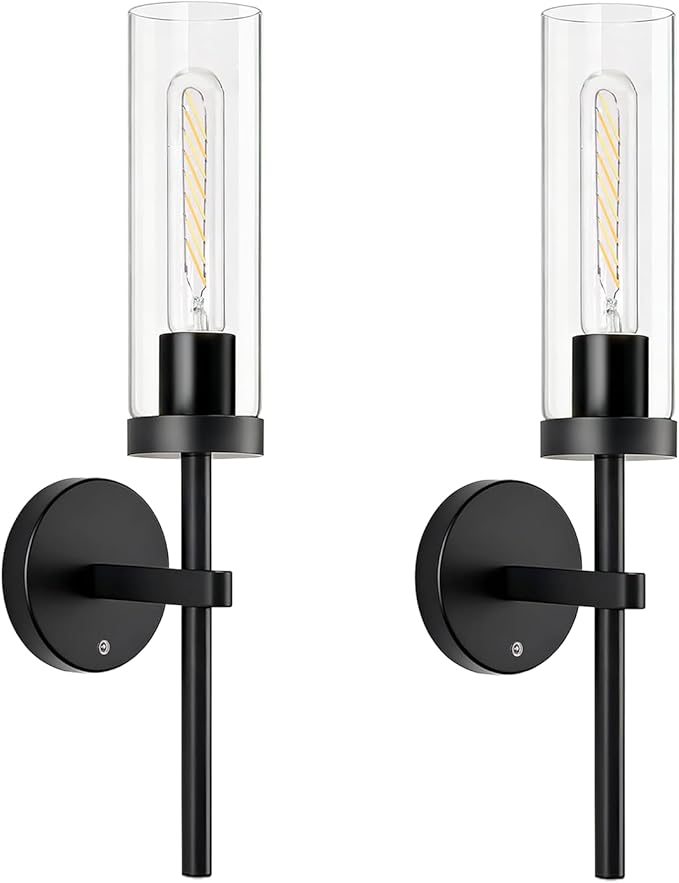Shenmoyl Battery Operated Wall Sconces Set of 2, Black Rechargeable Wall Lighting Fixtures, Dimmable Wall Lights with Remote & Clear Glass Shade for Living Room, Bathroom,Bedroom