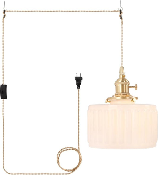 Shenmoyl Plug in Pendant Light Hanging Light Fixtures with Plugin Cord On/Off Switch,White Striped Glass Lampshade Brass Pendant Light