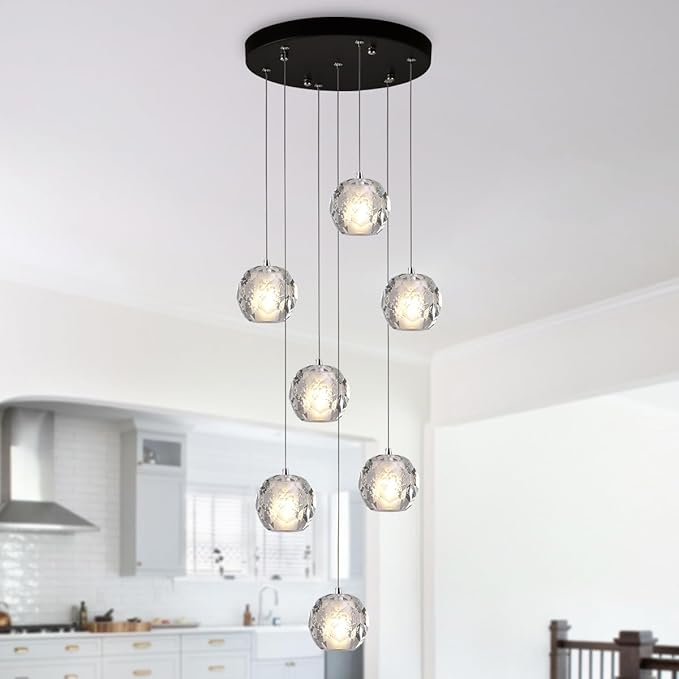 Black Crystal Chandelier, 7 Lights Bubble Cluster Pendant Light Fixture, 59" Long Hanging Light Raindrop Modern Chandelier for Entryway Foyer Staircase