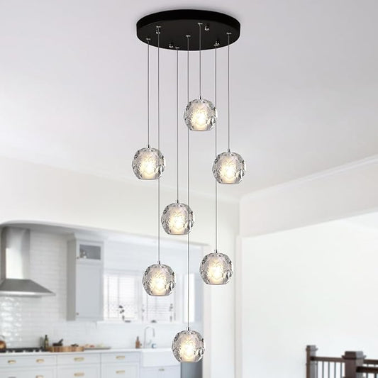 Black Crystal Chandelier, 7 Lights Bubble Cluster Pendant Light Fixture, 59" Long Hanging Light Raindrop Modern Chandelier for Entryway Foyer Staircase