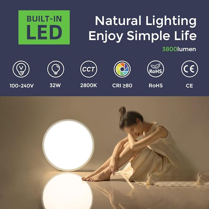 LightingWill 15.7 Inch LED Flush Mount Ceiling Light Fixture, 2800K Warm White, 3800LM, 32W, Flat Modern Round Lighting Fixture, 320W Equivalent White Ceiling Lamp for Kitchens, Bedrooms.etc.
