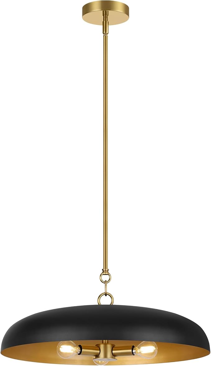 19.7 Inch Extra Large Pendant Light, 3-Light Black and Gold All Metal Pendant Lighting Fixture, Oversized Modern Dome Chandelier Ceiling Hanging for Kitchen Island Dining Room Living Entryway