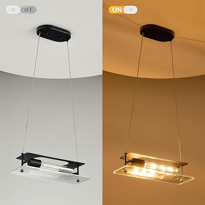 Black Linear Pendant Light, Adjustable Height Modern Chandelier with Glass Shade, Industrial Hanging Lighting Fixture for Kitchen Island, Dining Room, Cafe, Bar, Sink