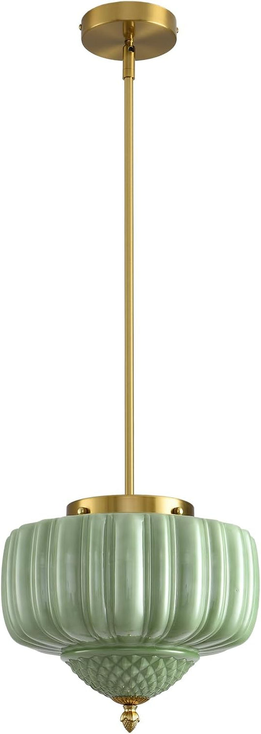 Green Glass Pendant Light, 11.8 inch Pendant Light Fixture with Floral lampshade, Height Adjustable Brushed Gold Vintage Hanging Lamp for Dining Room Kitchen Island Bedroom Living Room Entryway