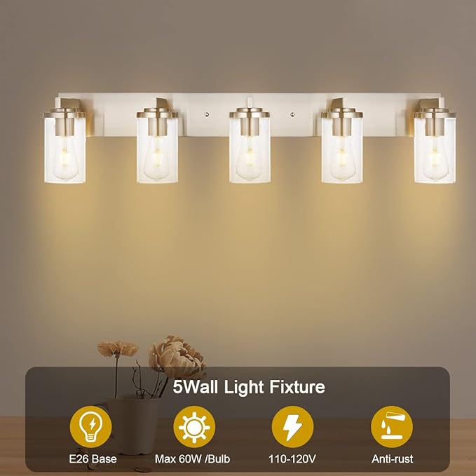 BONLICHT Brushed Nickel Bathroom Light Fixtures 5 Light Modern Vanity Lights Industrial Glass Wall Sconce Farmhouse Bath Lighting Over Mirror Wall Mount for Kitchen Living Room Hallway Workshop