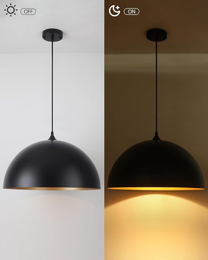 15.7" Black Pendant Lights Kitchen Island - Large Industrial Pendant Light Gold Interior Dome Hanging Light for Dining Room, Bedroom