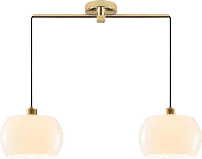 Modern Living Room Pendant Light 2-Light White Glass Pendant Light with Golden Brass Finished, Modern Adjustable Kitchen Island Light Fixture Gold Hanging Light for Dining Room Farmhouse