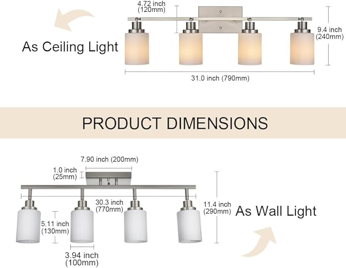 TODOLUZ 4-Light Track Lighting, Brushed Nickel Ceiling Spot Lighting for Kitchen Bedroom Hallway, Bathroon Vanity Track Light Fixtures with Opal White Glass