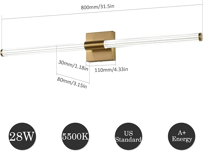 Modern LED Vanity Light, 360° Full Lighting Bathroom Light Fixture Over Mirror, 28W 5500K Cool White, Hardwired Wall Sconce, 31.6 Inch, Brass