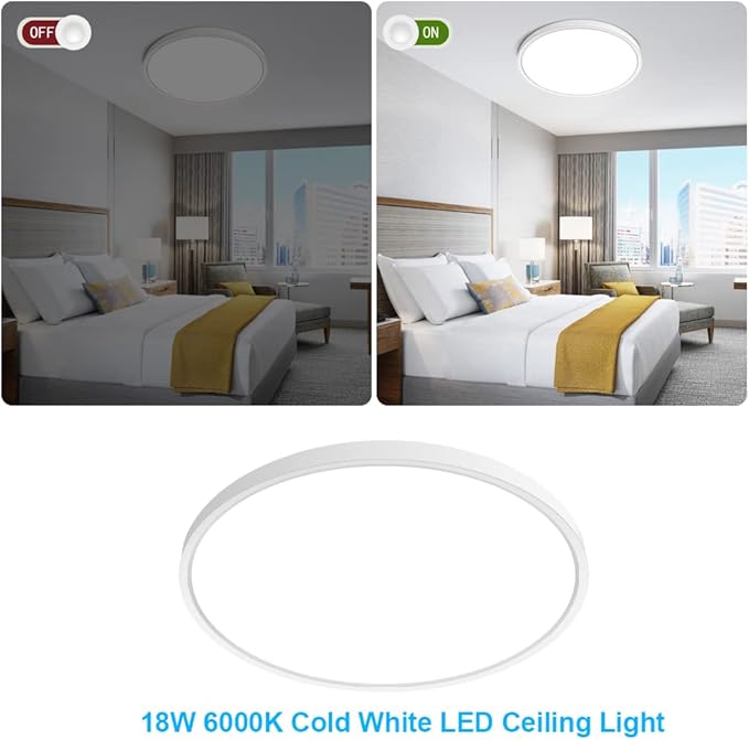 inShareplus 9inch LED Ceiling Light, White 18W(180W Equiv) 6000K Cold White Flush Mount Ceiling Lights Fixture, Super Bright, 1800LM Modern Ceiling Lamp for Bedroom Kitchen, Office, Hallway
