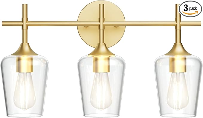 Ralbay Gold Bathroom Vanity Light 3-Lights Vintage Gold Vanity Lights Wall Lighting Clear Glass Gold Bathroom Light Fixtures Over Mirror