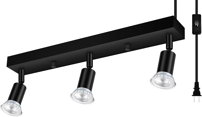 Plug-in Track Lighting, LED Track Lighting Fixtures Ceiling Kit, 16" Black Plug in Wall Light with 14.8ft Cord, 3-Light Ceiling Spotlight,Rotatable Kitchen Light Head for Bedroom Hallway(GU10,NO Bulb)