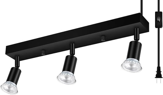 Plug-in Track Lighting, LED Track Lighting Fixtures Ceiling Kit, 16" Black Plug in Wall Light with 14.8ft Cord, 3-Light Ceiling Spotlight,Rotatable Kitchen Light Head for Bedroom Hallway(GU10,NO Bulb)