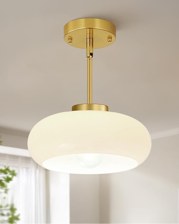 Yunnix Semi Flush Mount Ceiling Light, Gold Light Fixture, Mid-Century Modern Farmhouse Milk Glass Small Light Fixtures for Hallway, Bathroom, Kitchen, Bedroom, Living Room, Closet, Laundry