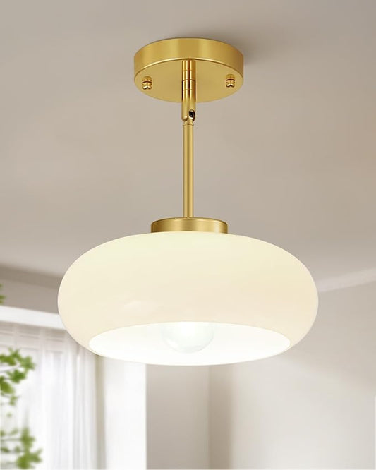 Yunnix Semi Flush Mount Ceiling Light, Gold Light Fixture, Mid-Century Modern Farmhouse Milk Glass Small Light Fixtures for Hallway, Bathroom, Kitchen, Bedroom, Living Room, Closet, Laundry