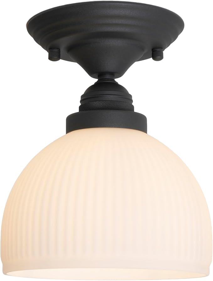 Industrial Flush Mount Ceiling Light with White Striped Globe Glass Lampshade, Vintage Glass Close to Ceiling Light Fixture for Kitchen Island Bedroom Entryway Stairwell