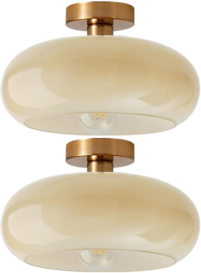 Gold Brass Flush Mount Ceiling Light Fixtures Mid Century Modern Ceiling Lights Brushed Milk Yellow Shade Glass Semi Flush Mount Light for Farmhouse Hallway Kitchen Sink Ceiling Lamp