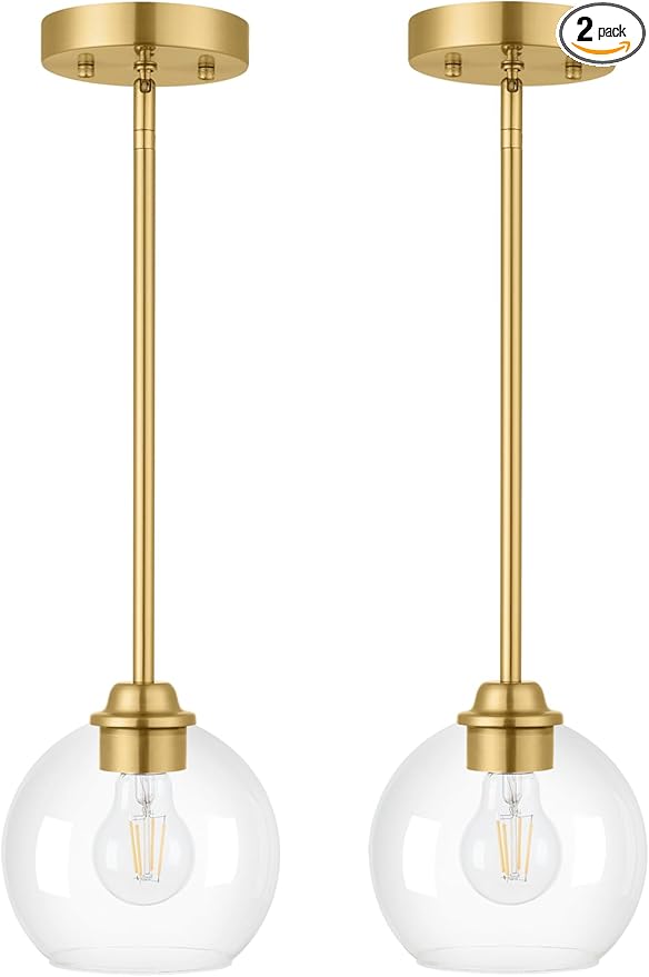 Gold Pendant Light Fixtures 2 Pack, Globe Pendant Lights with Clear Glass Shade,Pendant Lights Kitchen Island, Kitchen Pendant Lighting Over Island, Hanging Lights for Kitchen Island