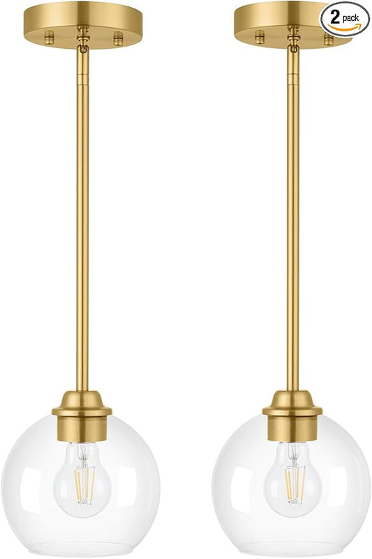 Gold Pendant Light Fixtures 2 Pack, Globe Pendant Lights with Clear Glass Shade,Pendant Lights Kitchen Island, Kitchen Pendant Lighting Over Island, Hanging Lights for Kitchen Island