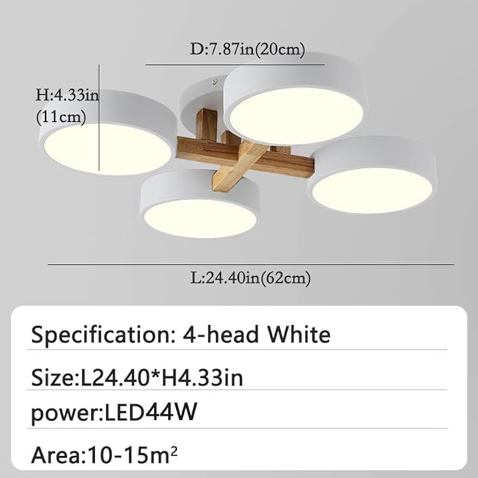 LED Ceiling Light Fixture,24 Inch 4-Lights Modern Ceiling Lights Flush Mount Wooden 44W Chandelier for Living Room Bedroom Kitchen,Dimmable 3000K/4000K/6000K Temperatures Selectable, White