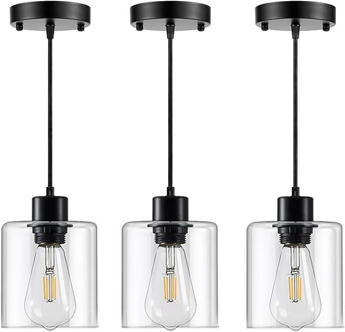 1 Light Hanging Pendant Light Fixtures, Adjustable Black Pendant Lights Kitchen Island, Modern Farmhouse Light Fixtures for Dining Room, Clear Glass Shade, E26 Base, 3 Packs
