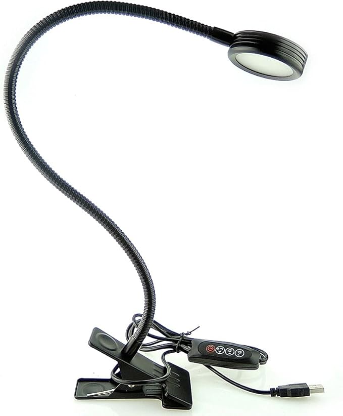 QUANS Dimmable Clip on Clamp LED Gooseneck Desk Light Lamp, Clip-on 3 Color Changeable Reading Lights, C-Clamp Nightlight, USB Port, 3 Color Temperature, Black