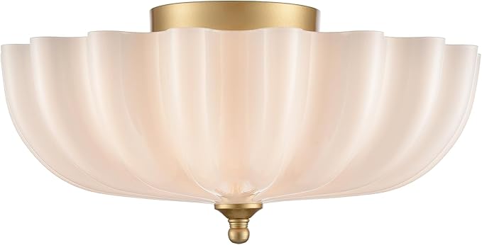 Gold Ceiling Light Fixture Brass Bedroom Flush Mount Ceiling Light Modern Gold for Entryway Bathroom Living Room Milky Glass Flower Scalloped Shade