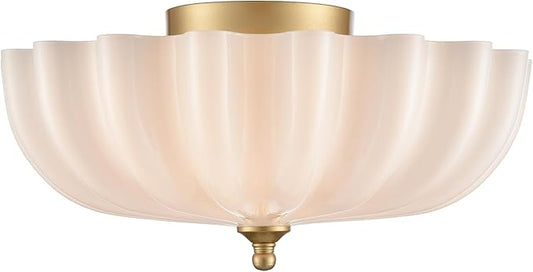 Gold Ceiling Light Fixture Brass Bedroom Flush Mount Ceiling Light Modern Gold for Entryway Bathroom Living Room Milky Glass Flower Scalloped Shade