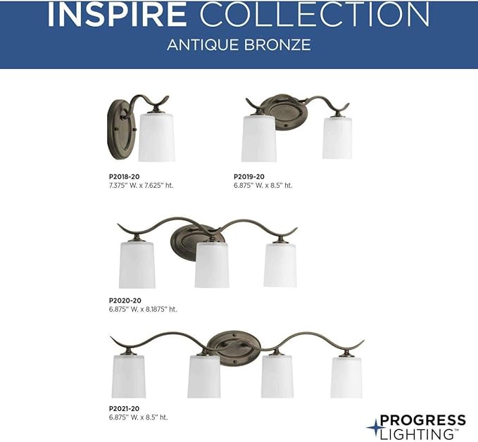 Progress Lighting P2021-20 Inspire Collection Etched Glass Traditional Bath Vanity Light, 4-Light, Antique Bronze