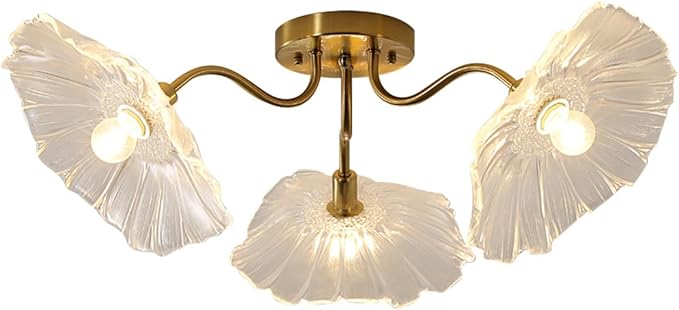 Mid Century Modern Close to Ceiling Light Fixtures Flower Flush Mount Ceiling Lights Glass Chandelier 3-Light Gold Brass Overhead Light Sputnik Ceiling Lighting for Dining Living Room